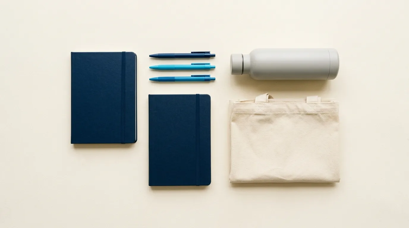Set de merchandising corporativo en azul marino: libretas, bolígrafos, botella y bolsa de tela