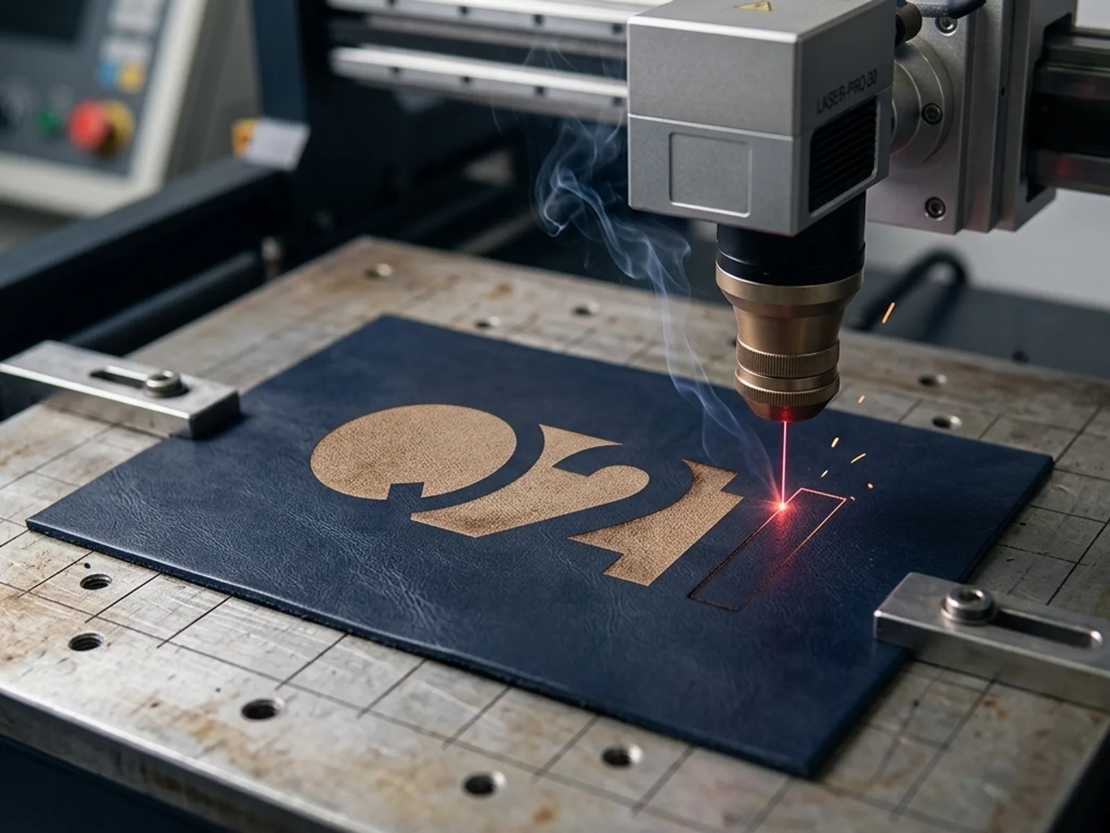 Máquina de marcado láser grabando el logotipo de Q21 sobre una placa de cuero azul marino