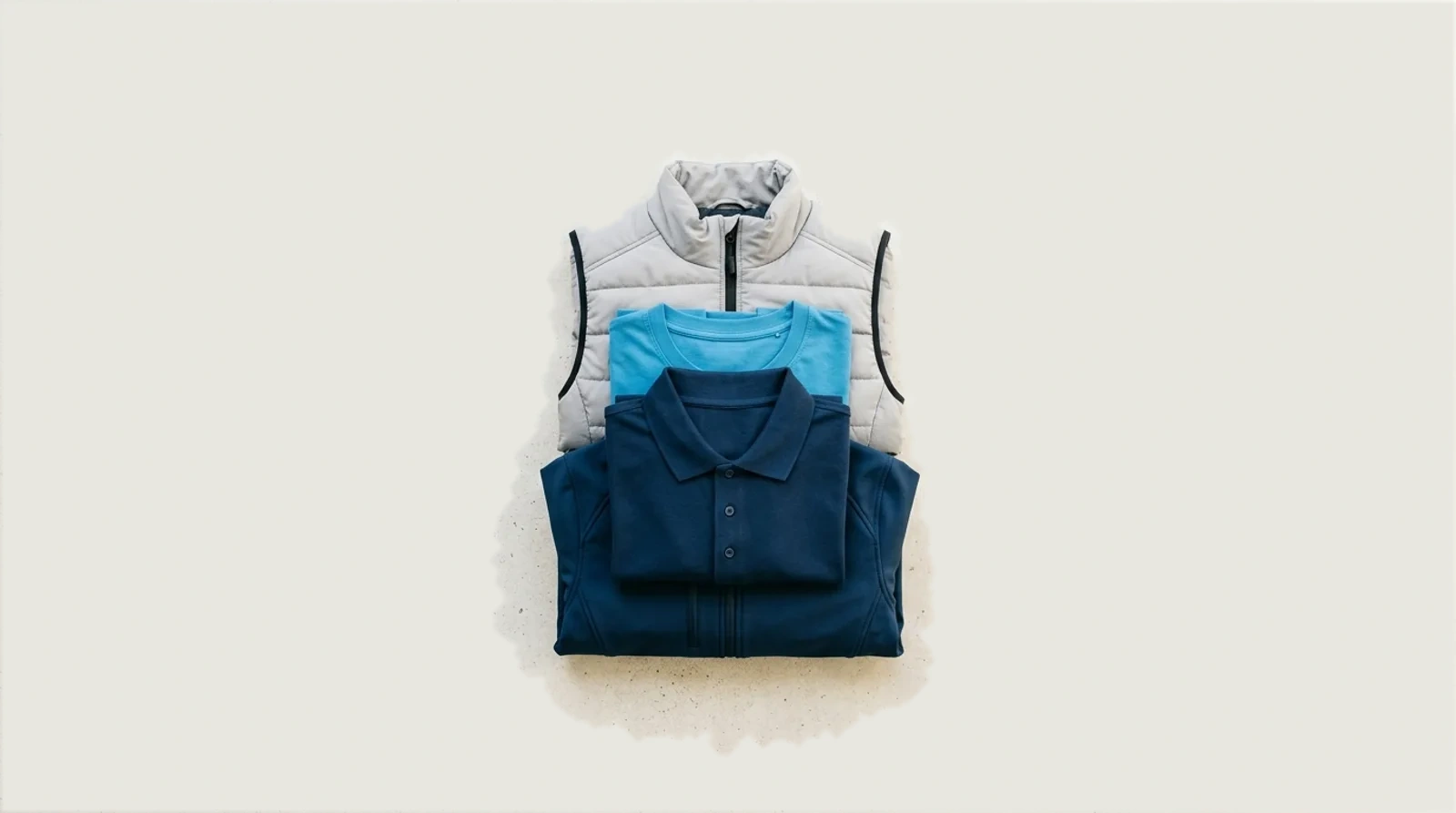 Polo azul marino, camiseta cian y chaleco de ropa laboral corporativa doblados