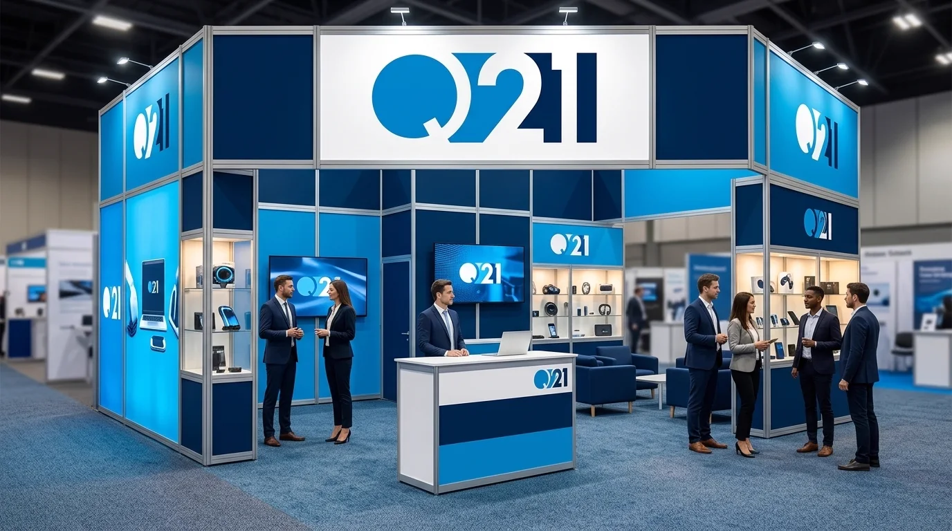 Stand de feria de Q21 en azul marino y cian con panel iluminado y mostrador de recepción